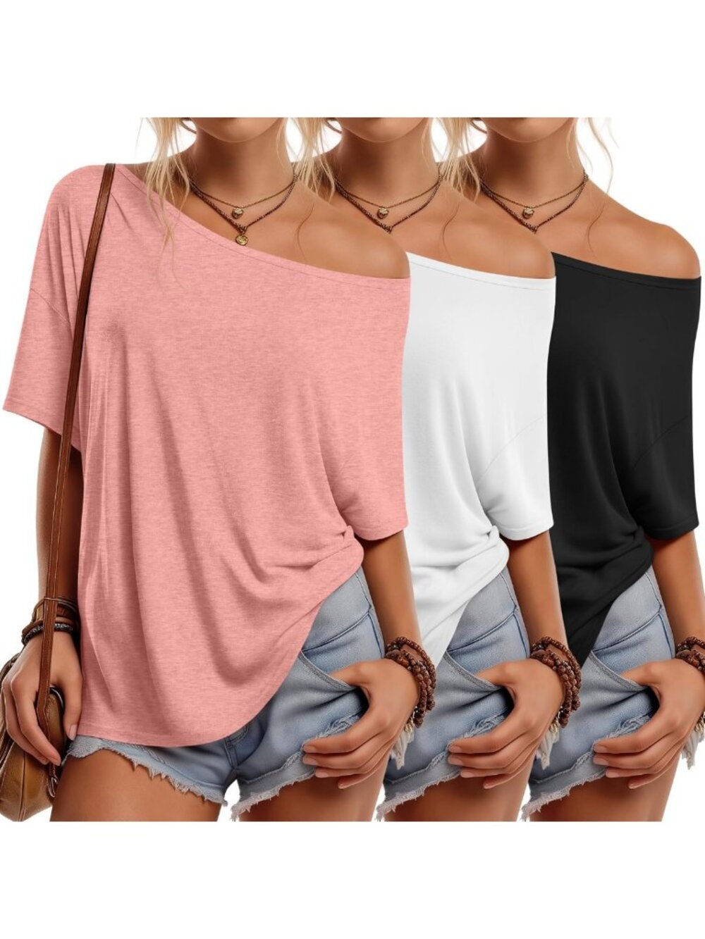 3 Pack Women's Off Shoulder Tops - Stylish Casual Blouses for Summer Fashion